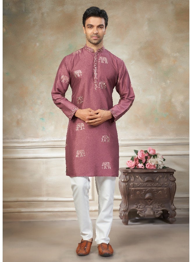 OUTLUK Pink Embroidered Kurta with Cotton Pajama for Men - Image 1